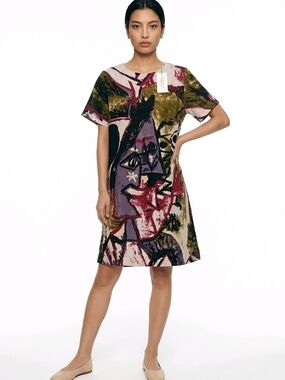 Abstract Brushstroke Short Sleeve Mini Dress in Olive and Burgundy